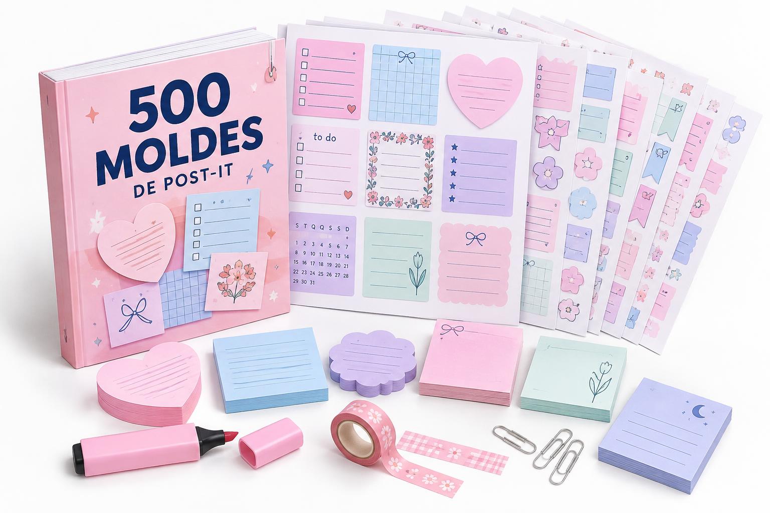 Mockup dos 500 moldes de Post-it: capa rosa, folhas para imprimir e blocos personalizados em rosa, azul e lilás